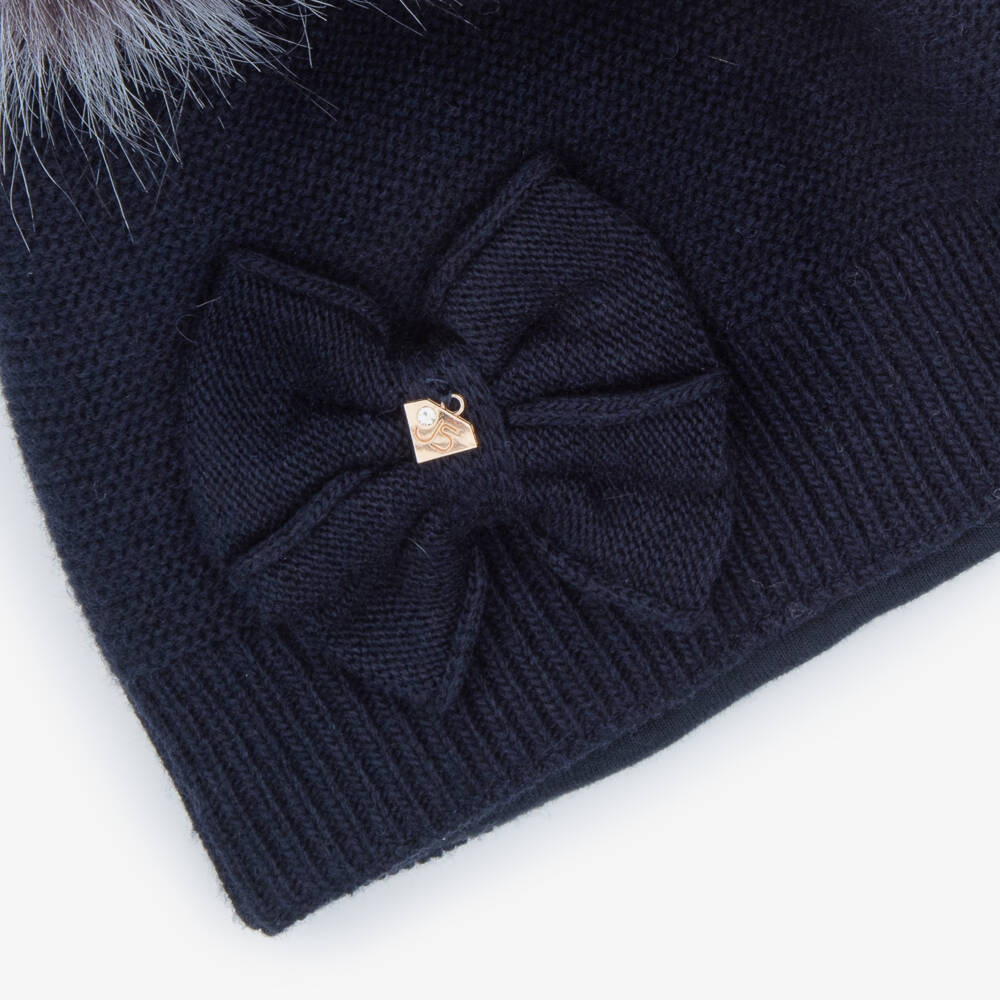 Jamiks-Girls Navy Blue Knitted Beanie with Pom-Pom | Childrensalon