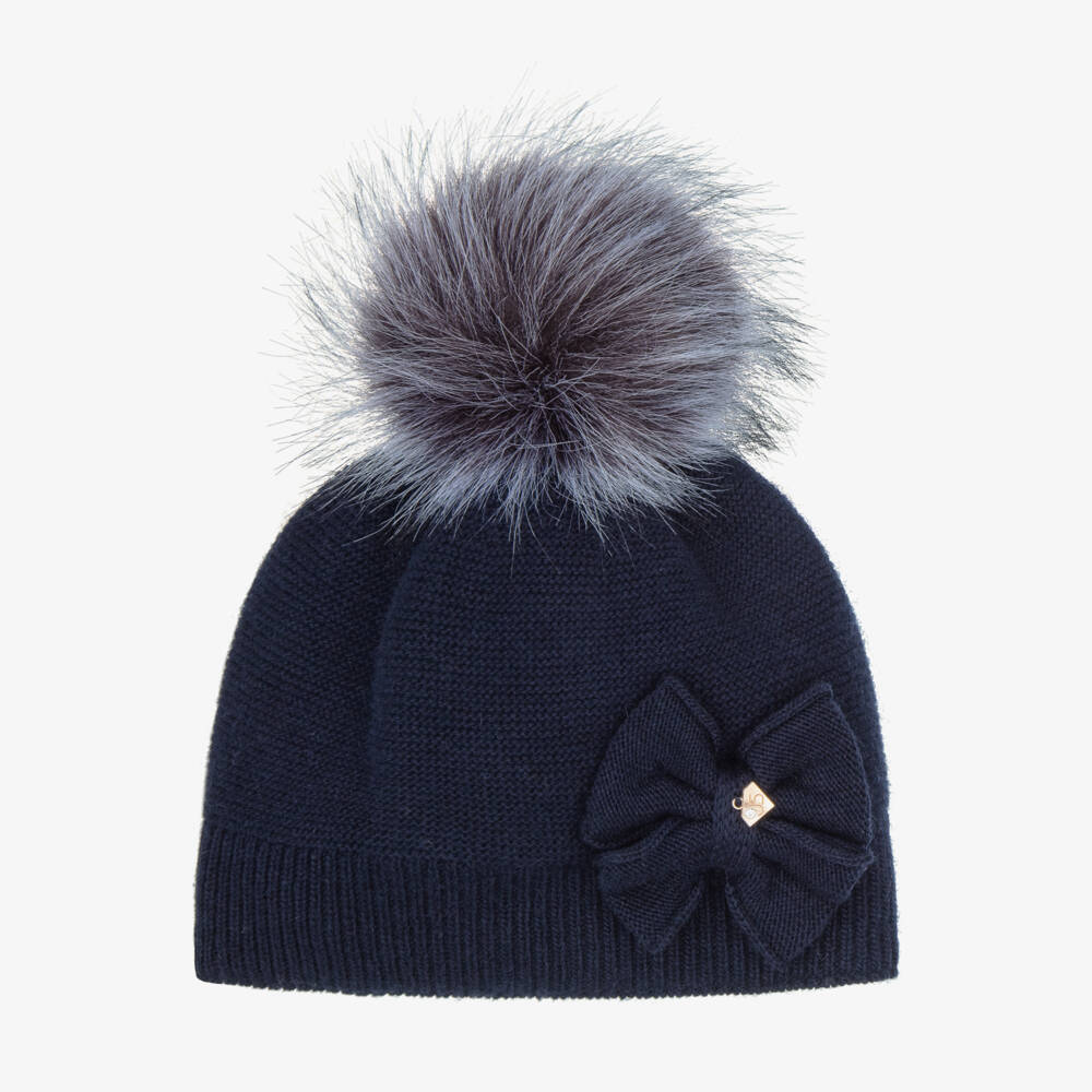Jamiks-Girls Navy Blue Knitted Beanie with Pom-Pom | Childrensalon