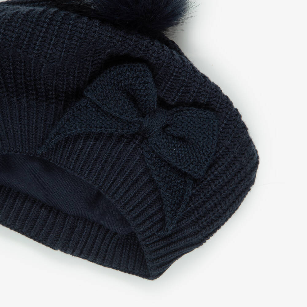 Jamiks-Girls Navy Knitted Pom-Pom Beret with Bow | Childrensalon