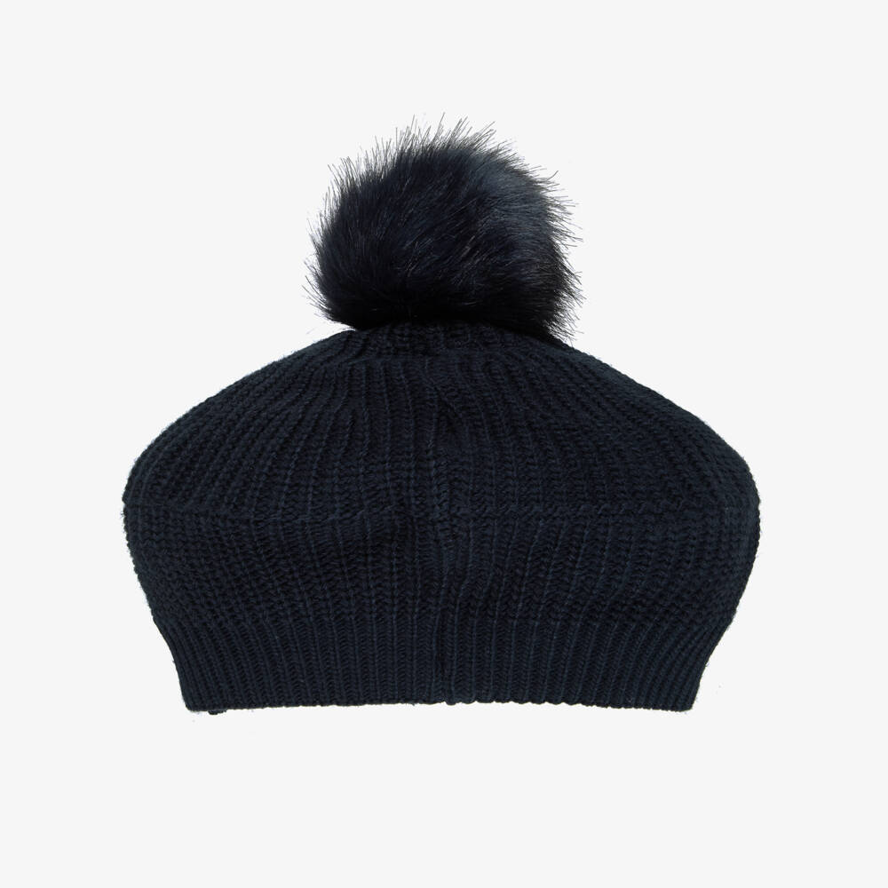 Jamiks-Girls Navy Knitted Pom-Pom Beret with Bow | Childrensalon