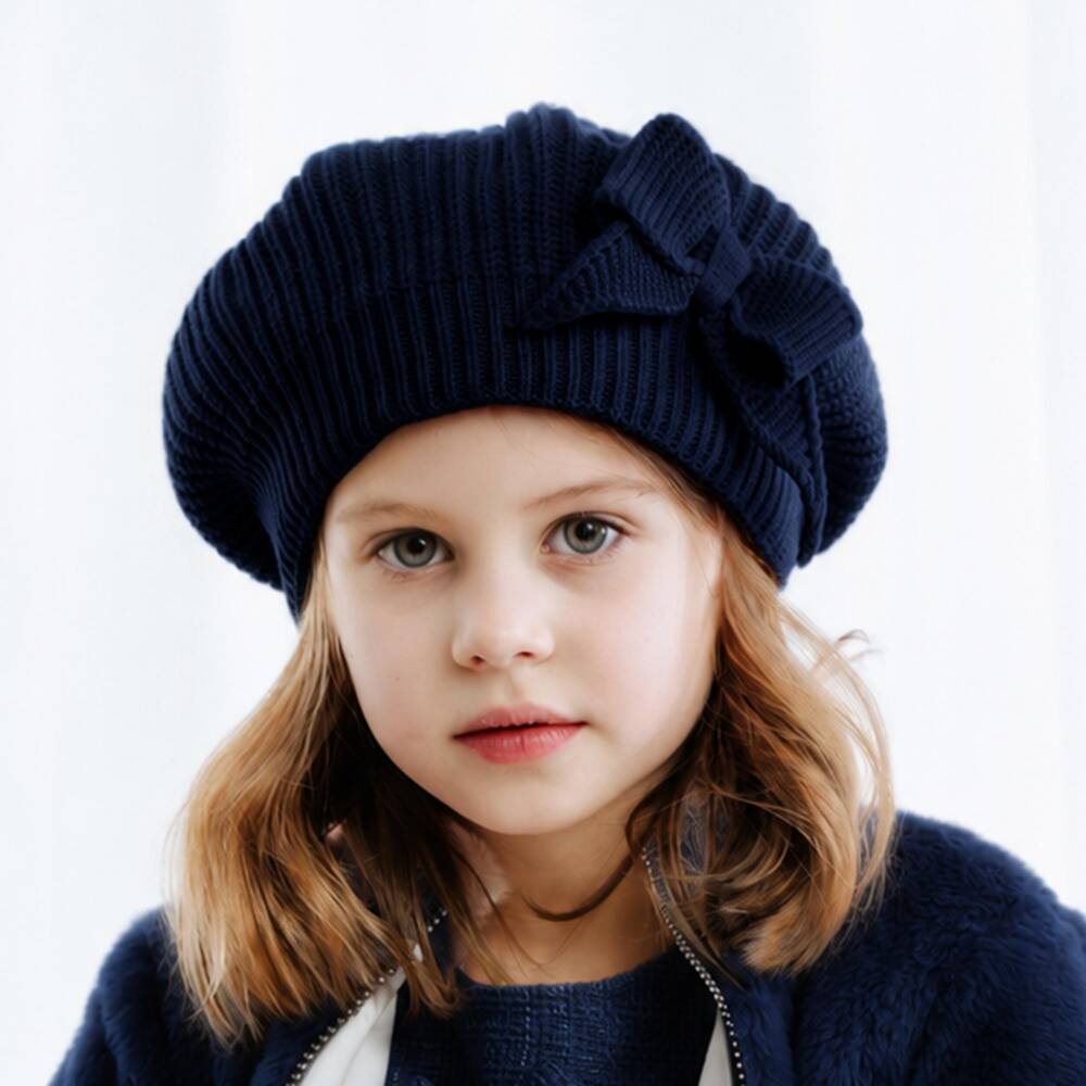 Jamiks-Girls Navy Knitted Pom-Pom Beret with Bow | Childrensalon