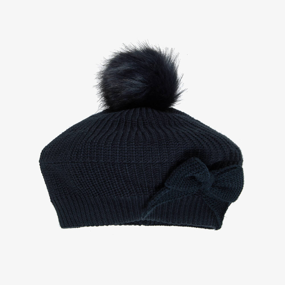Jamiks-Girls Navy Knitted Pom-Pom Beret with Bow | Childrensalon
