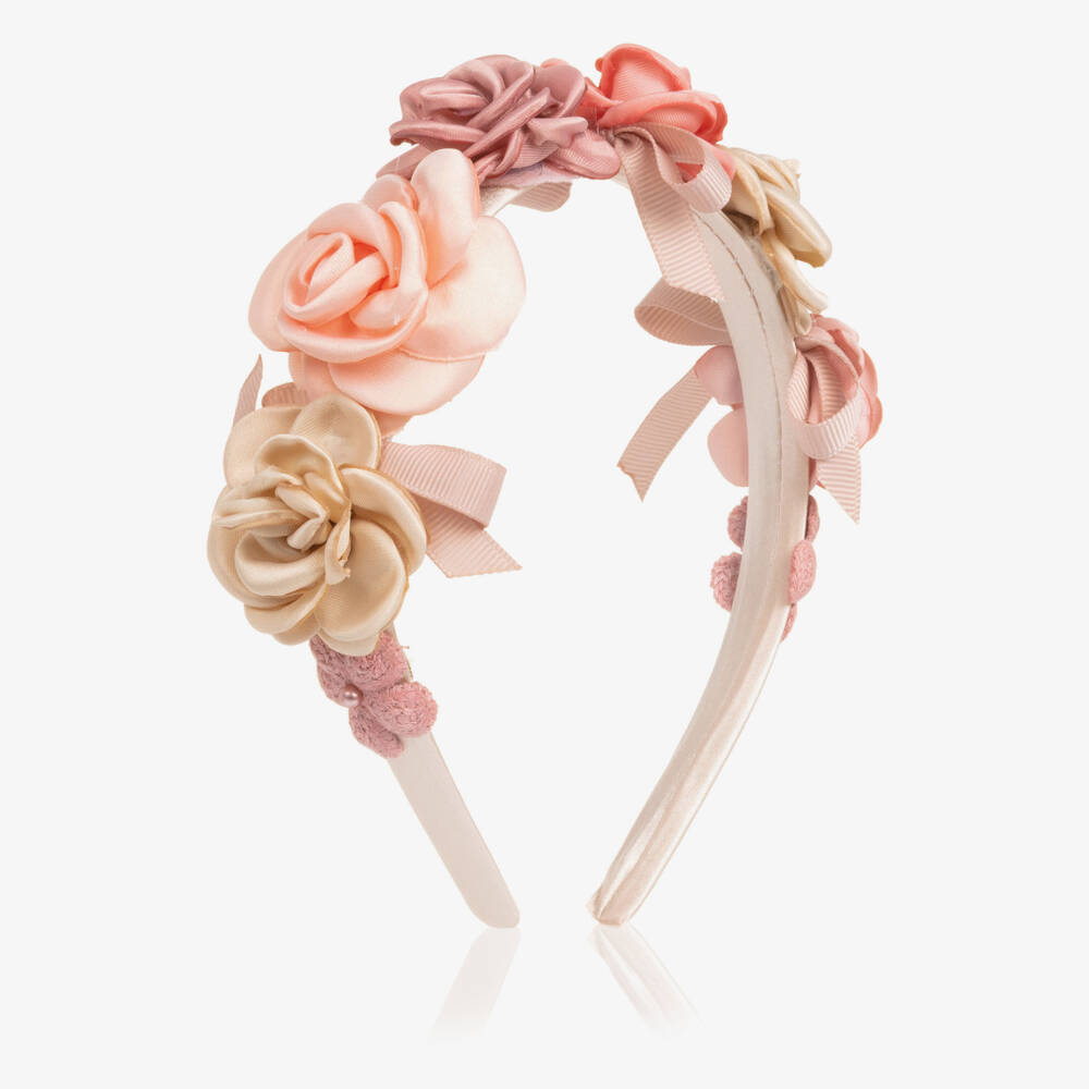 Jamiks-Girls Pink & Beige Floral Satin Hairband | Childrensalon