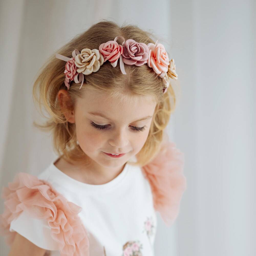 Jamiks-طوق شعر ساتان مزين بورود لون زهري وبيج للبنات | Childrensalon