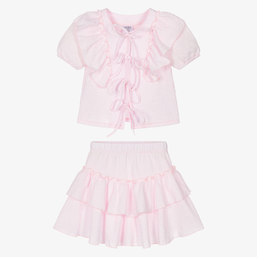 Jamiks-Girls Pink Cotton Skirt Set with Tie Fastenings | Childrensalon