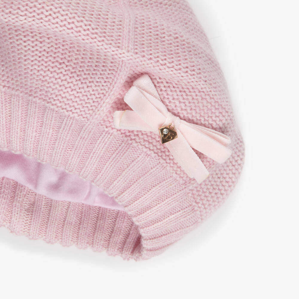 Jamiks-Girls Pink Knitted Pom-Pom Beret with Velvet Bow | Childrensalon