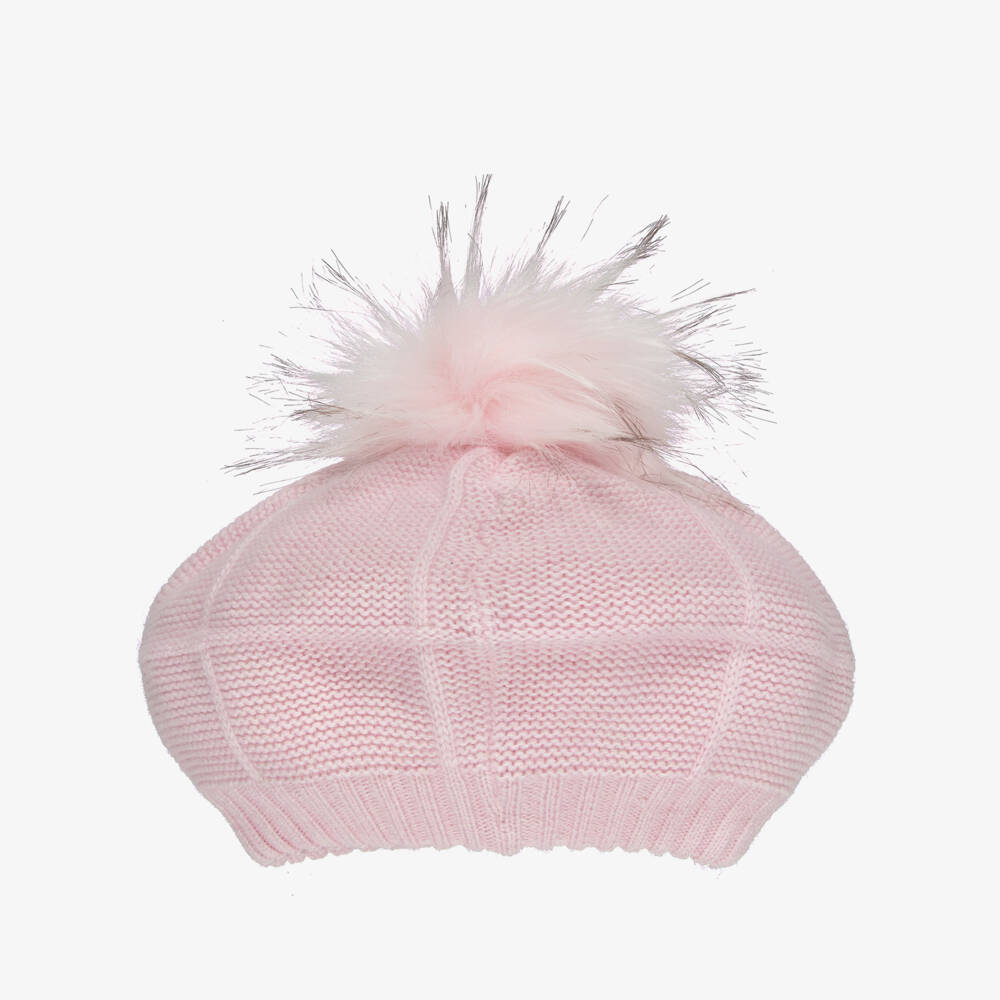 Jamiks-Girls Pink Knitted Pom-Pom Beret with Velvet Bow | Childrensalon