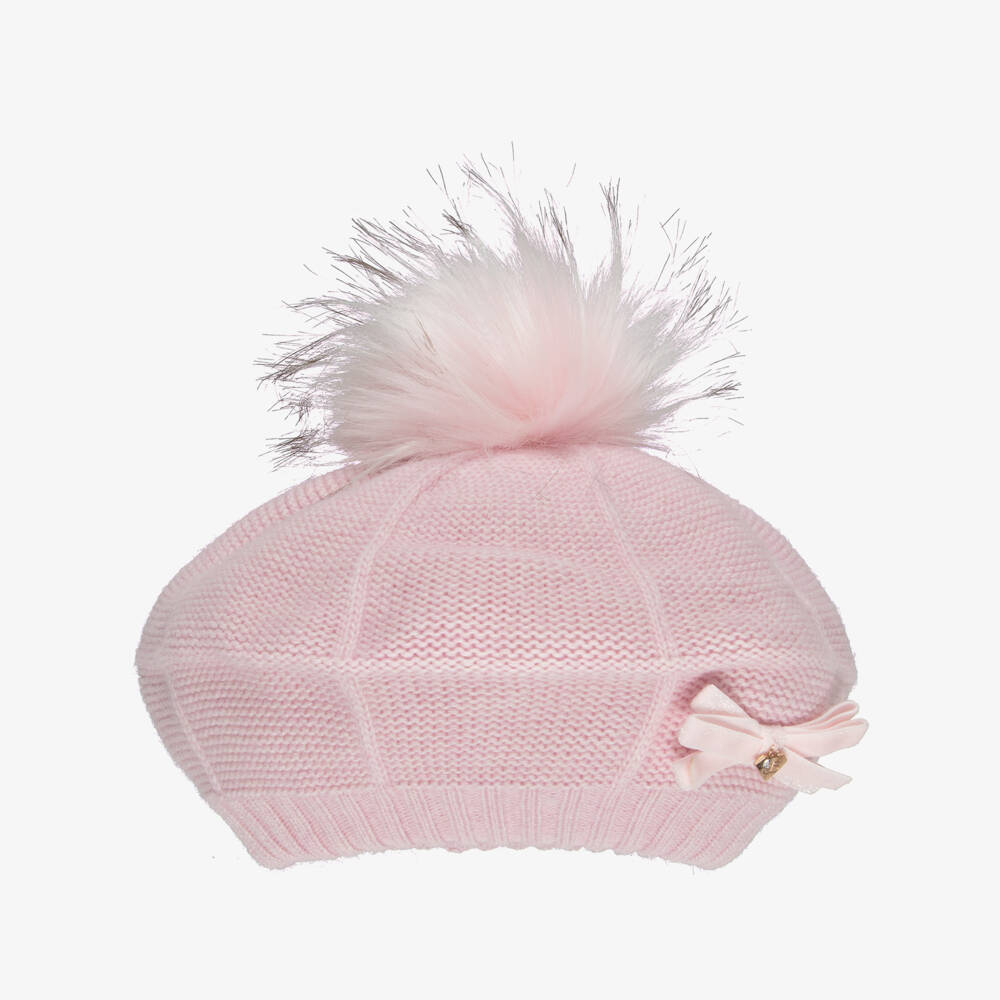 Jamiks-Girls Pink Knitted Pom-Pom Beret with Velvet Bow | Childrensalon