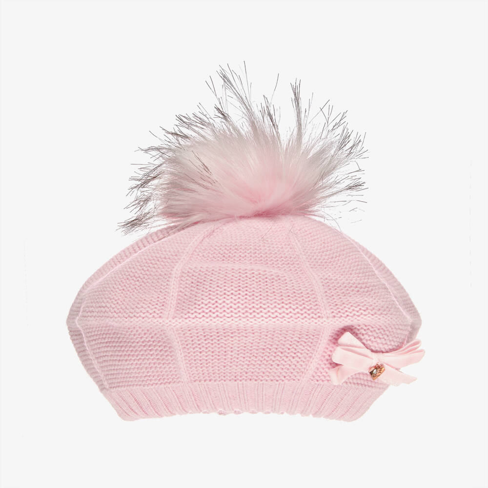 Jamiks-Girls Pink Knitted Pom-Pom Beret with Velvet Bow | Childrensalon