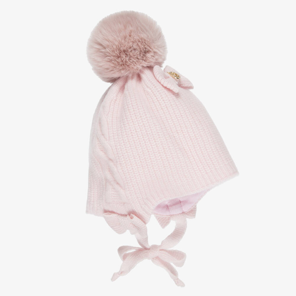 Jamiks-Girls Pink Merino Wool Bobble Hat with Bow | Childrensalon