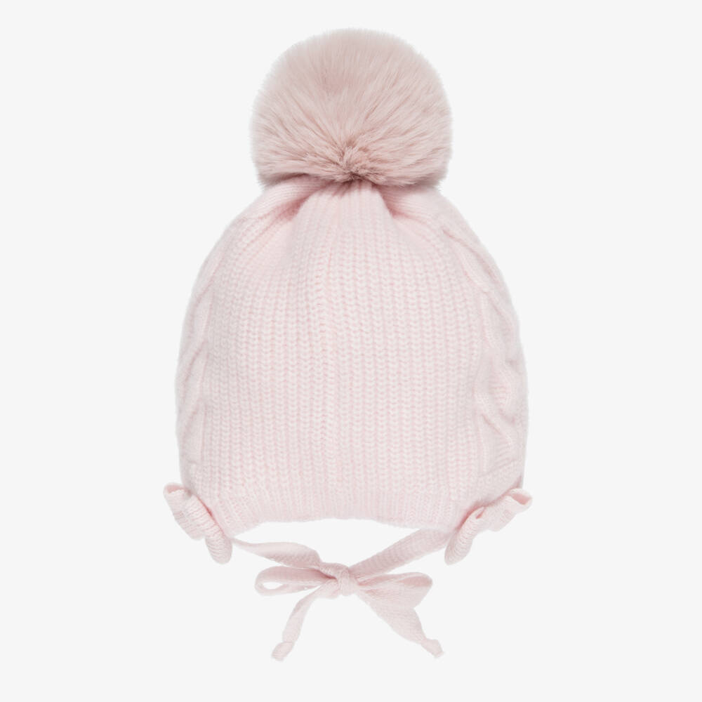 Jamiks-Girls Pink Merino Wool Bobble Hat with Bow | Childrensalon