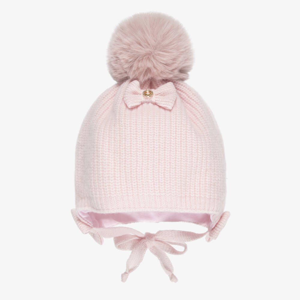Jamiks-Girls Pink Merino Wool Bobble Hat with Bow | Childrensalon
