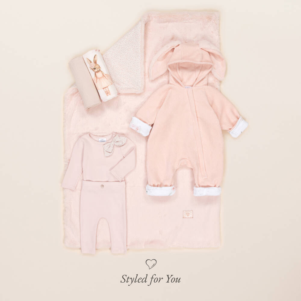 Jamiks-Girls Pink Velour Bunny Ears Pramsuit | Childrensalon