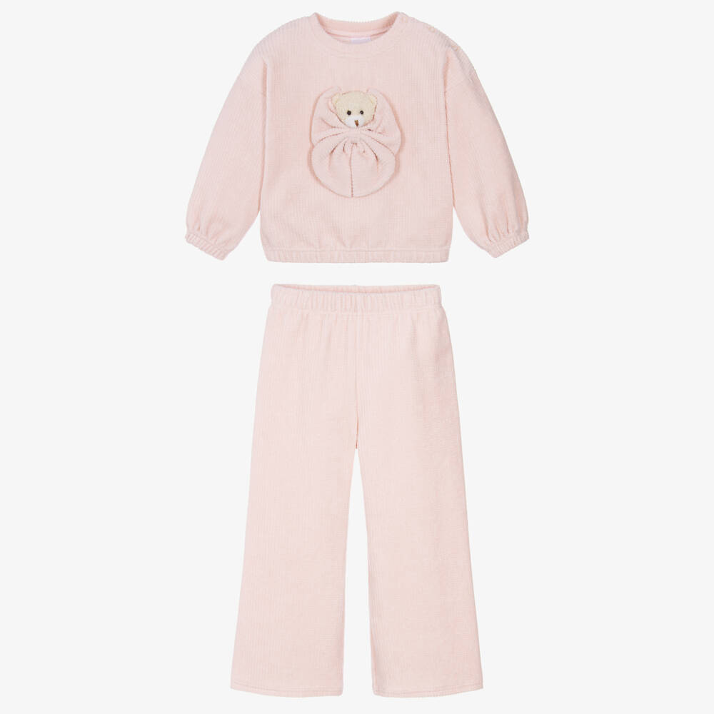 Jamiks-Girls Pink Velour Trouser Set with Teddy Bear & Bow | Childrensalon