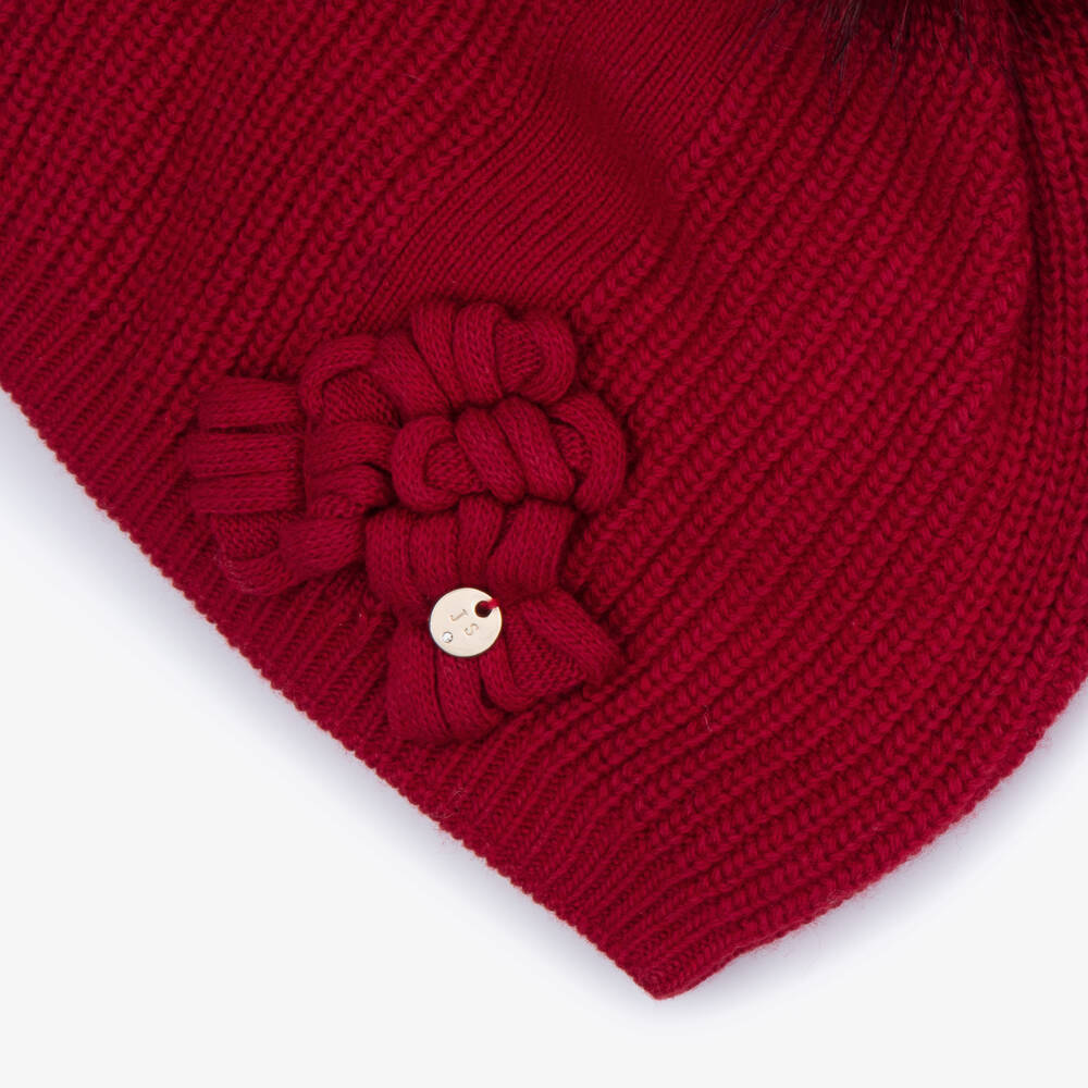 Jamiks-Girls Red Knitted Pom-Pom Bobble Hat | Childrensalon