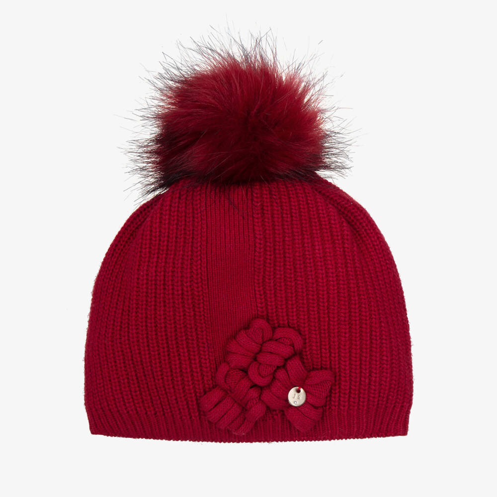 Jamiks-Girls Red Knitted Pom-Pom Bobble Hat | Childrensalon