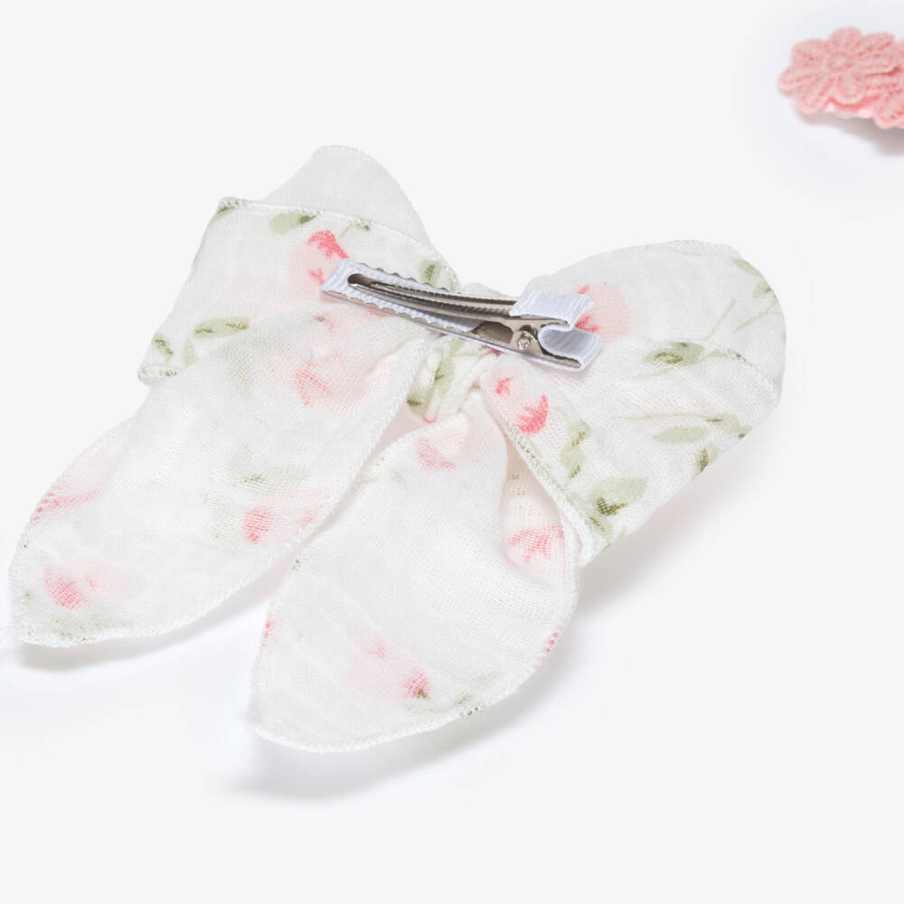 Jamiks-Girls White Bow & Pink Flower Lace Hair Clips (2 Pack) | Childrensalon