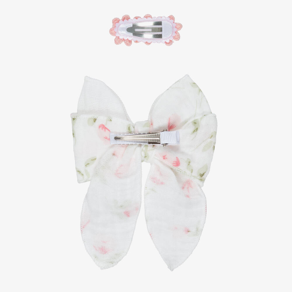 Jamiks-Girls White Bow & Pink Flower Lace Hair Clips (2 Pack) | Childrensalon