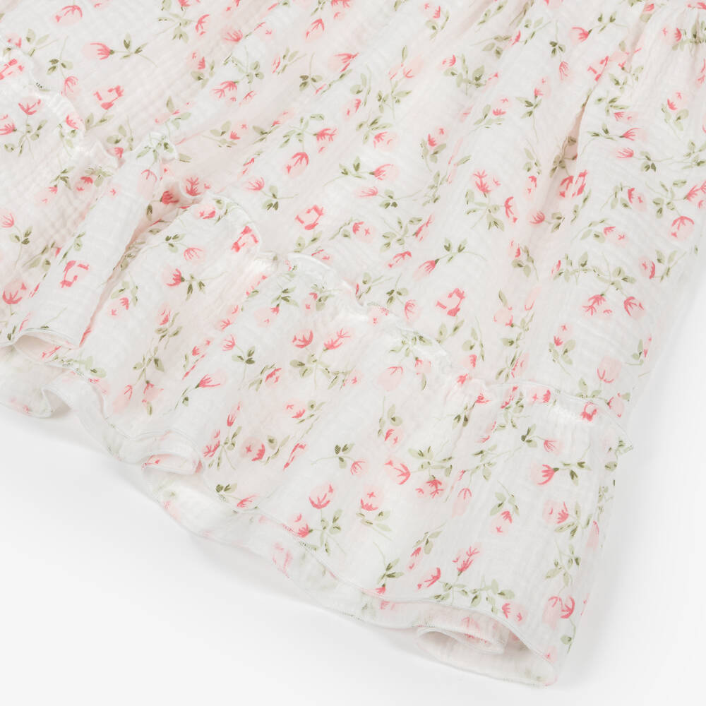 Jamiks-Girls White Cotton Cheesecloth Dress with Pink Rose Pattern | Childrensalon