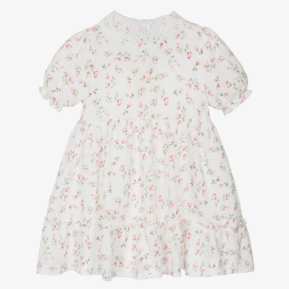 Jamiks-Girls White Cotton Cheesecloth Dress with Pink Rose Pattern | Childrensalon