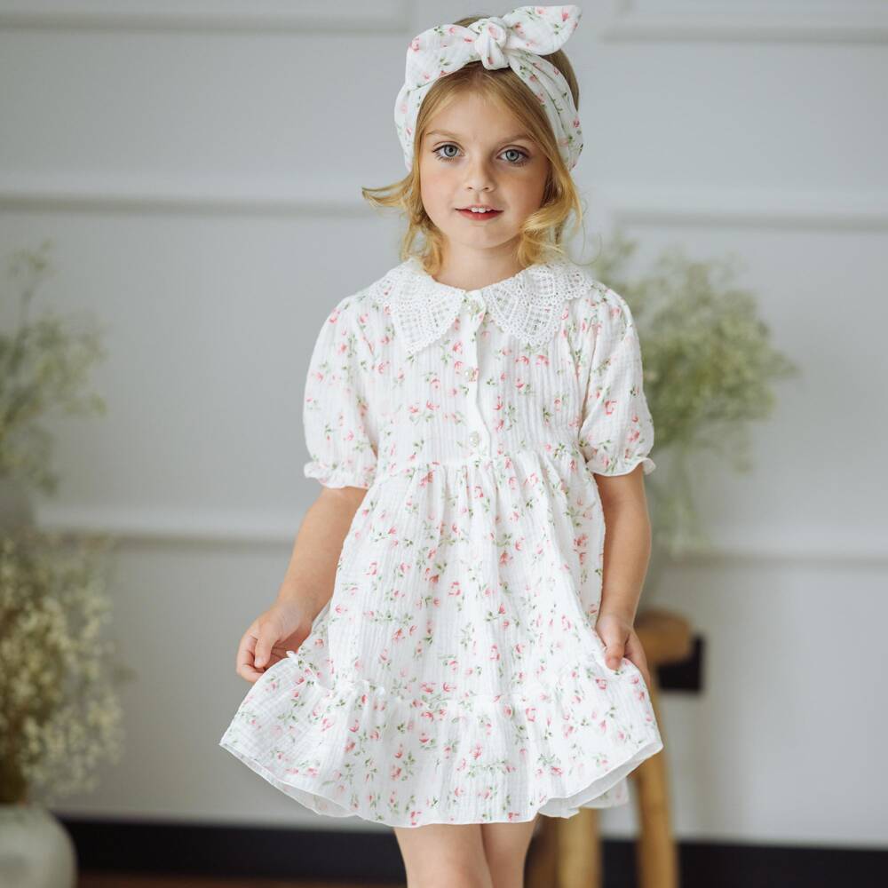 Jamiks-فستان قطن لون أبيض بنقشة ورود للبنات | Childrensalon