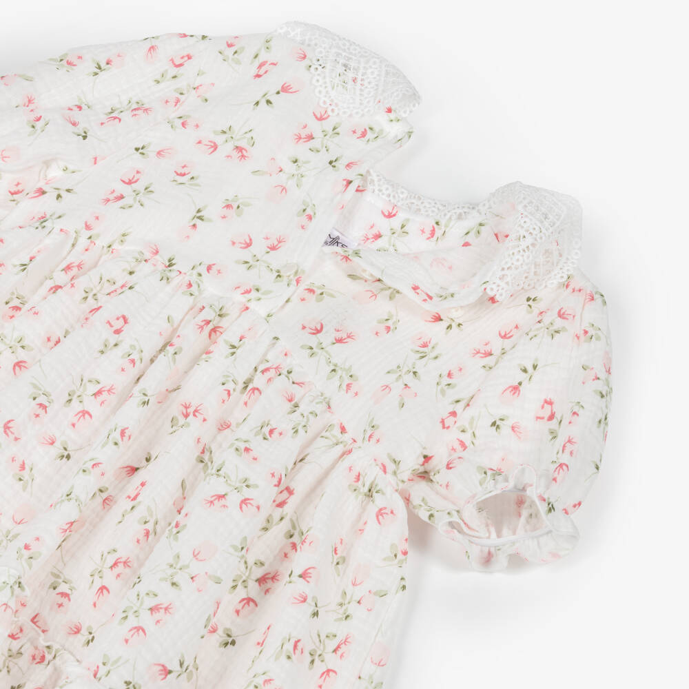 Jamiks-Girls White Cotton Cheesecloth Dress with Pink Rose Pattern | Childrensalon