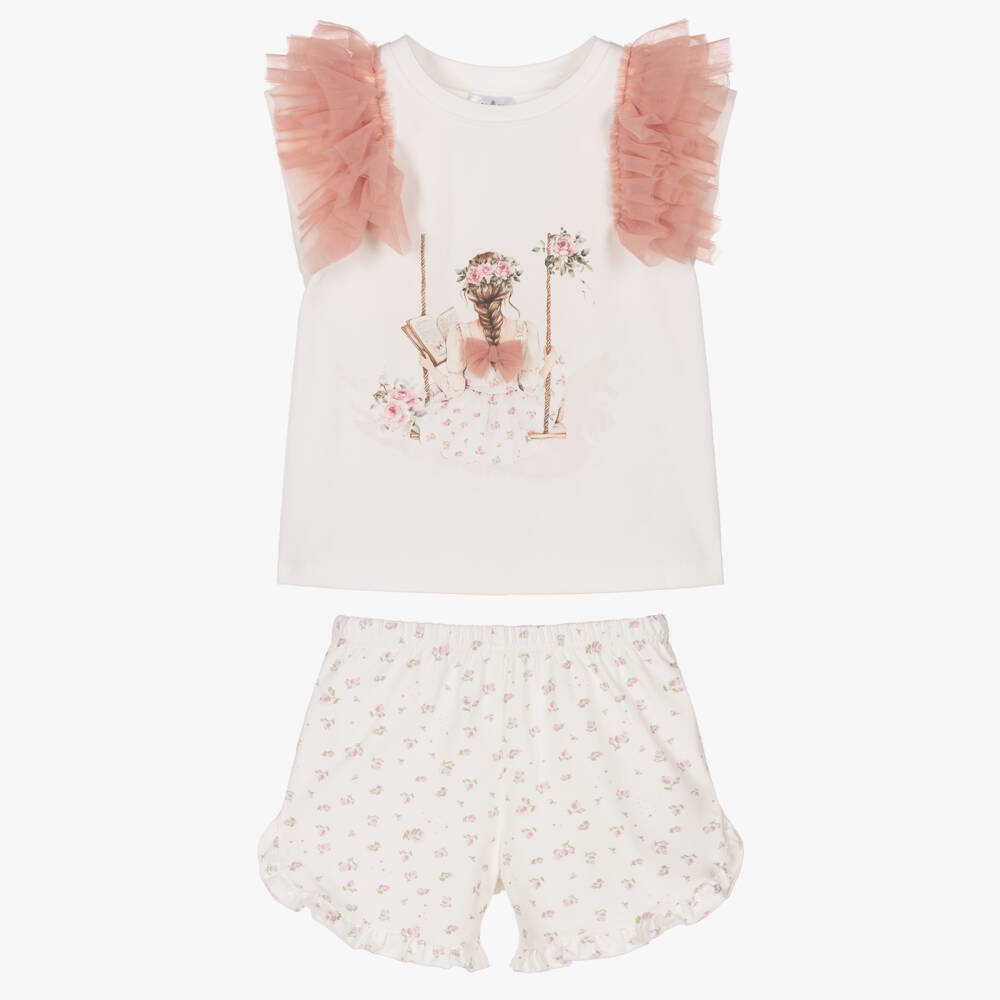 Jamiks-Girls White Cotton Shorts Set with Girl Motif & Tulle Trims | Childrensalon