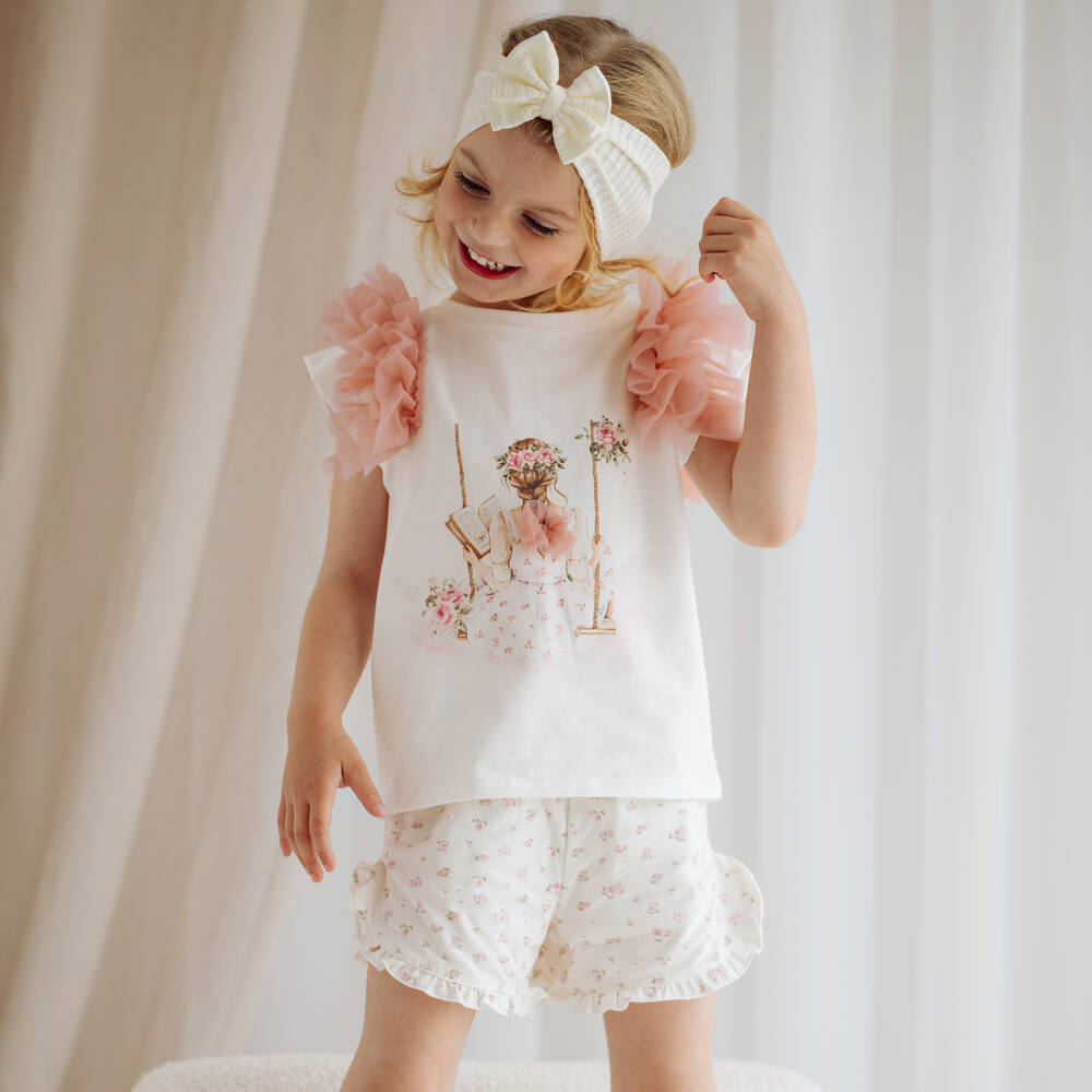 Jamiks-طقم شورت قطن بحواف دانتيل لون أبيض للبنات | Childrensalon