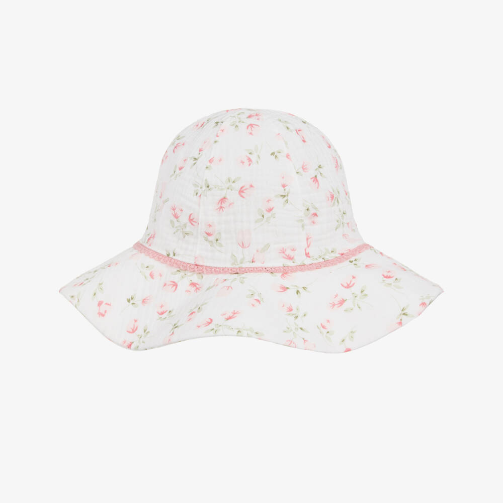 Jamiks-Girls White & Pink Floral Organic Cotton Sun Hat | Childrensalon