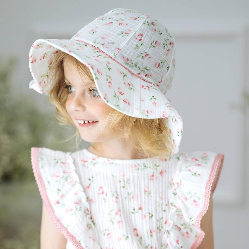 Jamiks-Girls White & Pink Floral Organic Cotton Sun Hat | Childrensalon