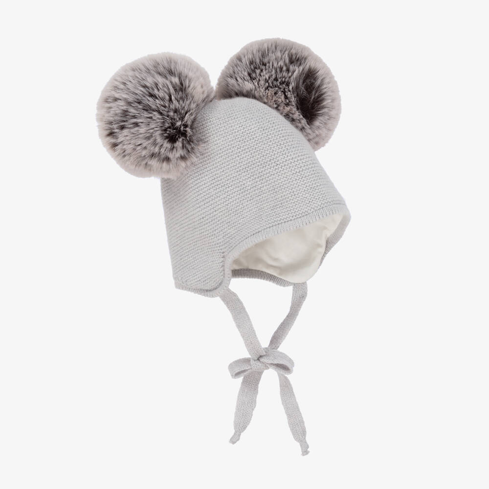 Jamiks-Grey Knitted Double Pom-Pom Hat | Childrensalon