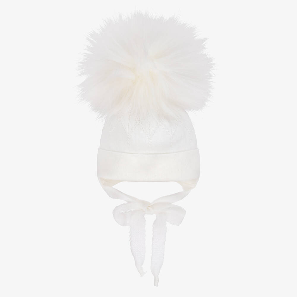 Jamiks-Ivory Diamond-Knit Baby Hat with Faux Fur Pom-Pom | Childrensalon