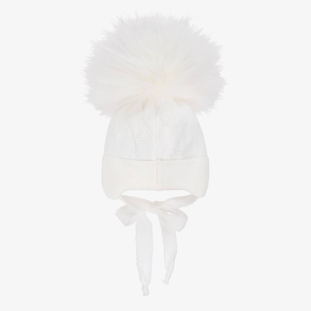 Jamiks-Ivory Diamond-Knit Baby Hat with Faux Fur Pom-Pom | Childrensalon