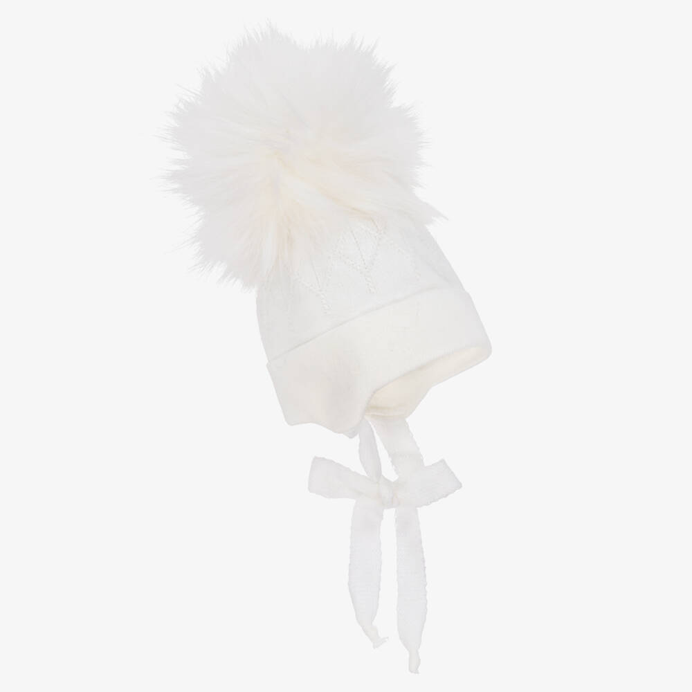 Jamiks-Ivory Diamond-Knit Baby Hat with Faux Fur Pom-Pom | Childrensalon