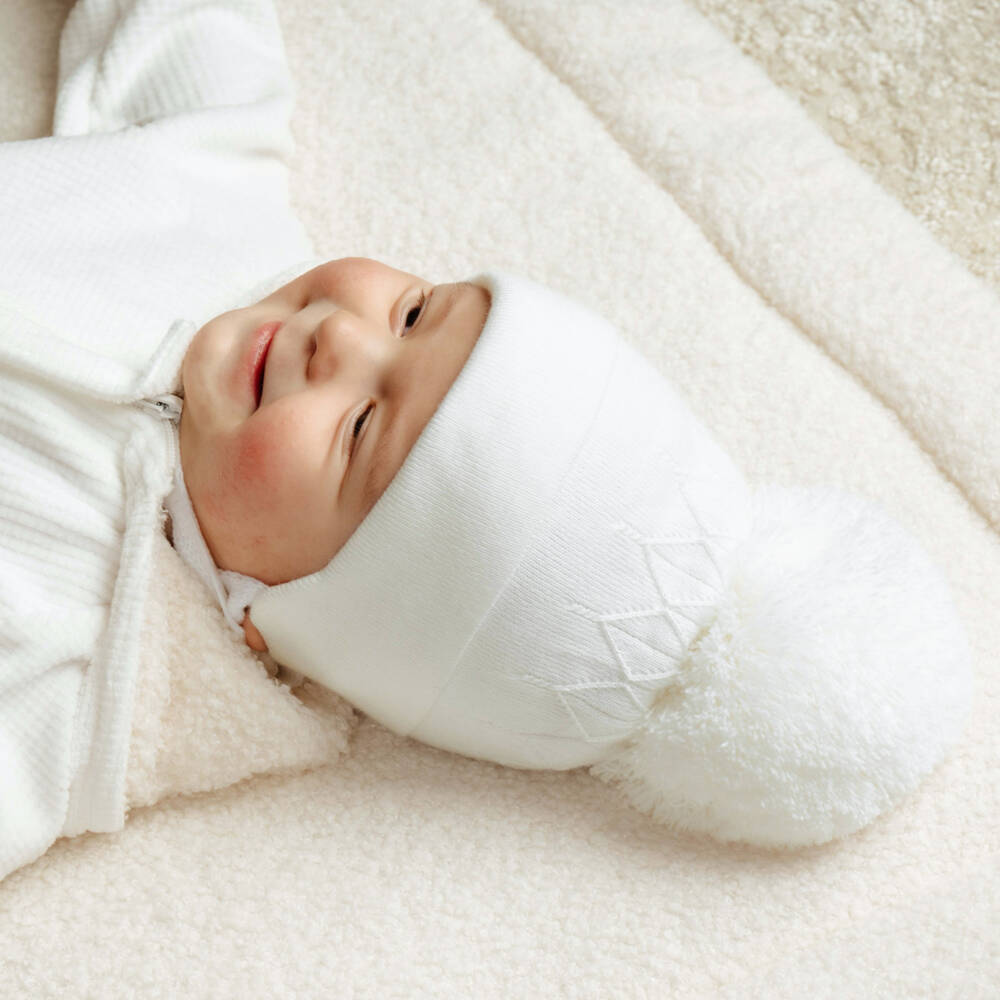 Jamiks-Ivory Diamond-Knit Baby Hat with Faux Fur Pom-Pom | Childrensalon