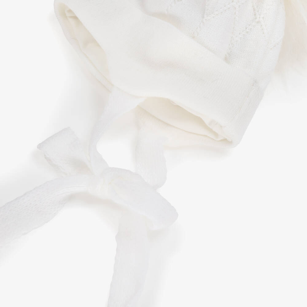Jamiks-Ivory Diamond-Knit Baby Hat with Faux Fur Pom-Pom | Childrensalon