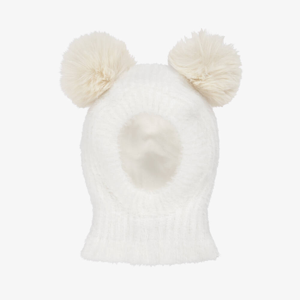 Jamiks-Ivory Fluffy Knit Balaclava with Faux Fur Pom-Poms | Childrensalon