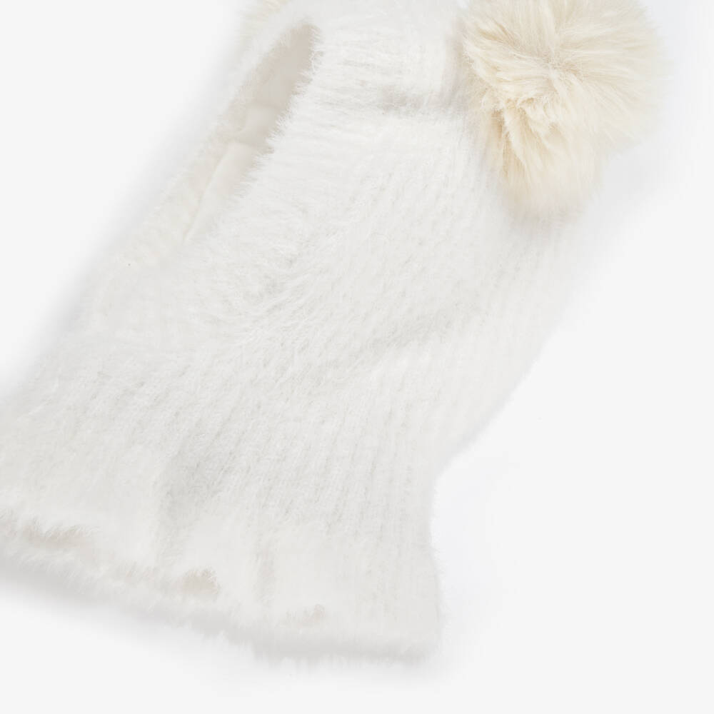 Jamiks-Ivory Fluffy Knit Balaclava with Faux Fur Pom-Poms | Childrensalon