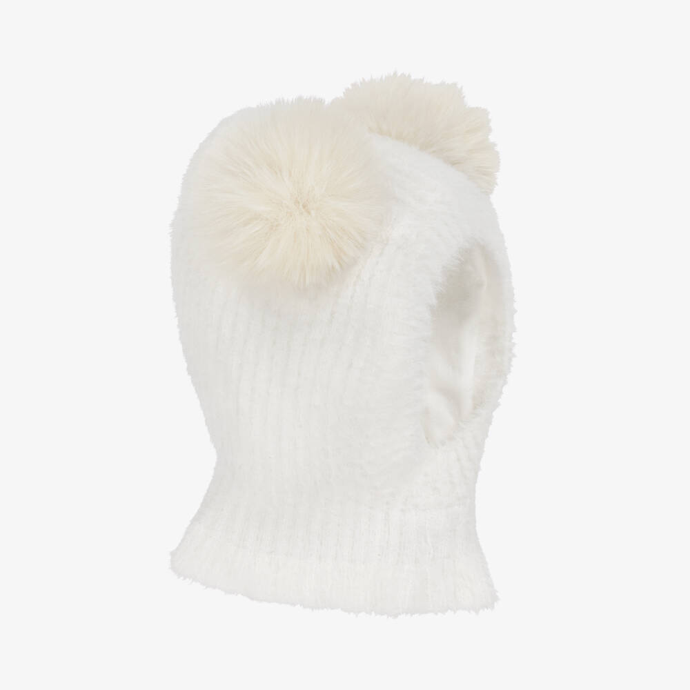 Jamiks-Ivory Fluffy Knit Balaclava with Faux Fur Pom-Poms | Childrensalon