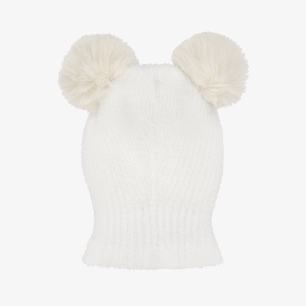 Jamiks-Ivory Fluffy Knit Balaclava with Faux Fur Pom-Poms | Childrensalon