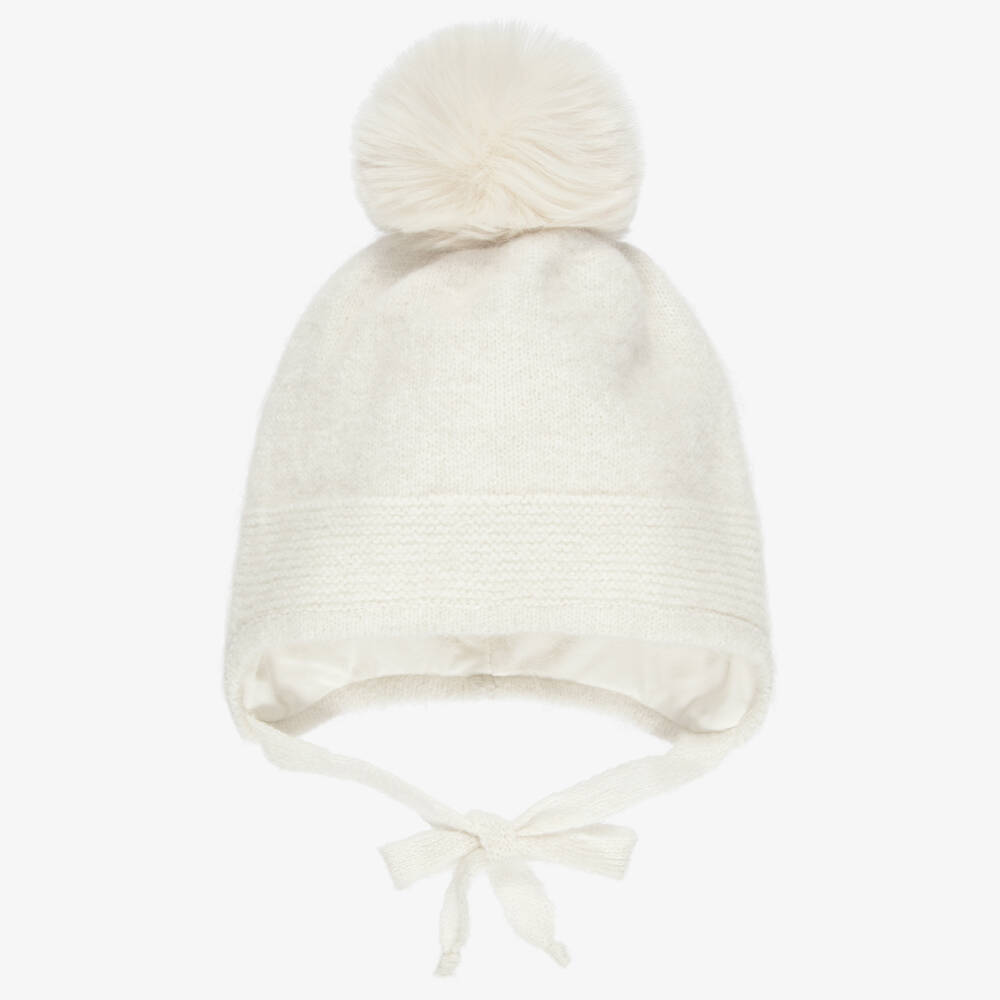 Jamiks-Ivory Knitted Hat with Faux Fur Pom-Pom | Childrensalon
