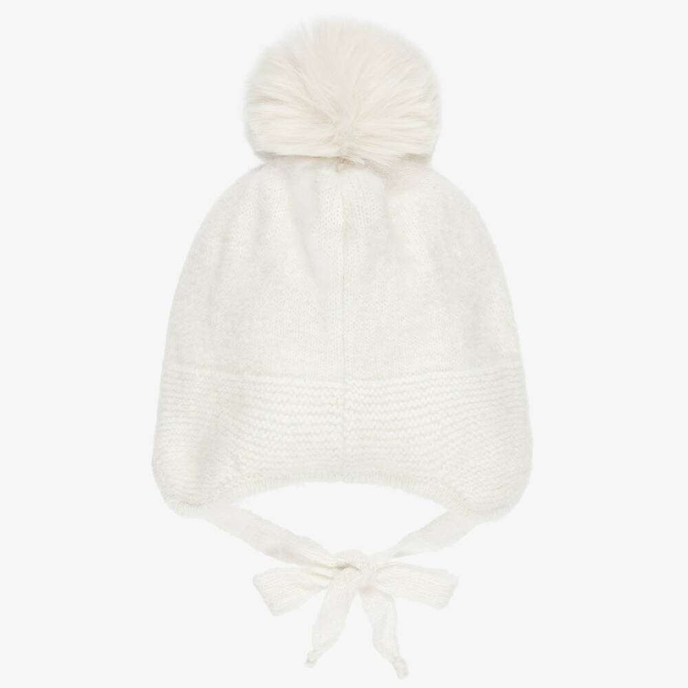 Jamiks-Ivory Knitted Hat with Faux Fur Pom-Pom | Childrensalon
