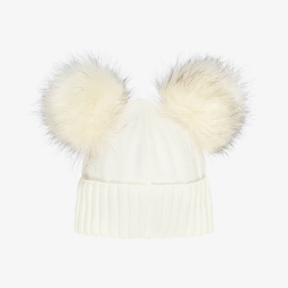 Jamiks-Ivory Merino Wool Hat with Faux Fur Pom-Poms | Childrensalon