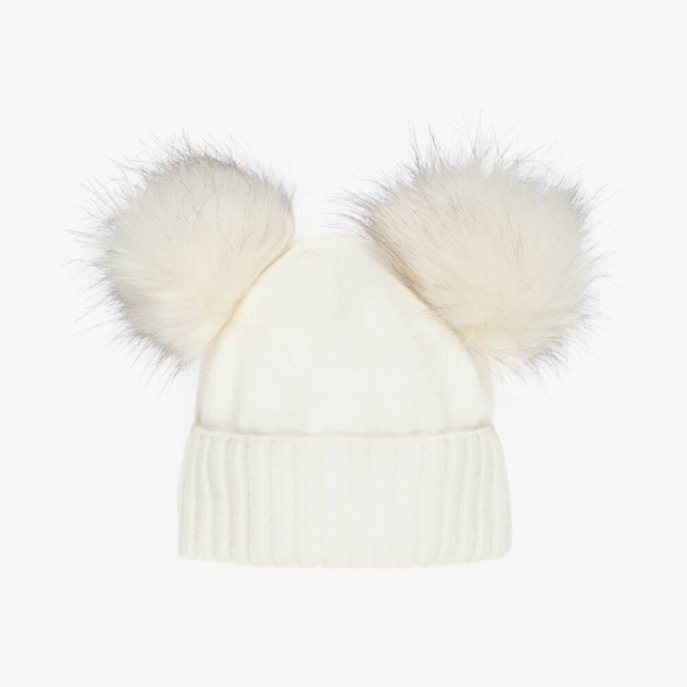 Jamiks-Ivory Merino Wool Hat with Faux Fur Pom-Poms | Childrensalon