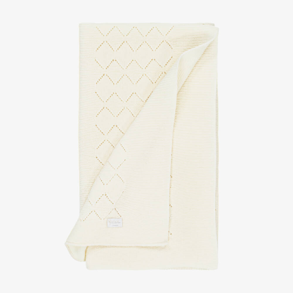 Jamiks-Ivory Merino Wool Knitted Baby Blanket (100cm) | Childrensalon