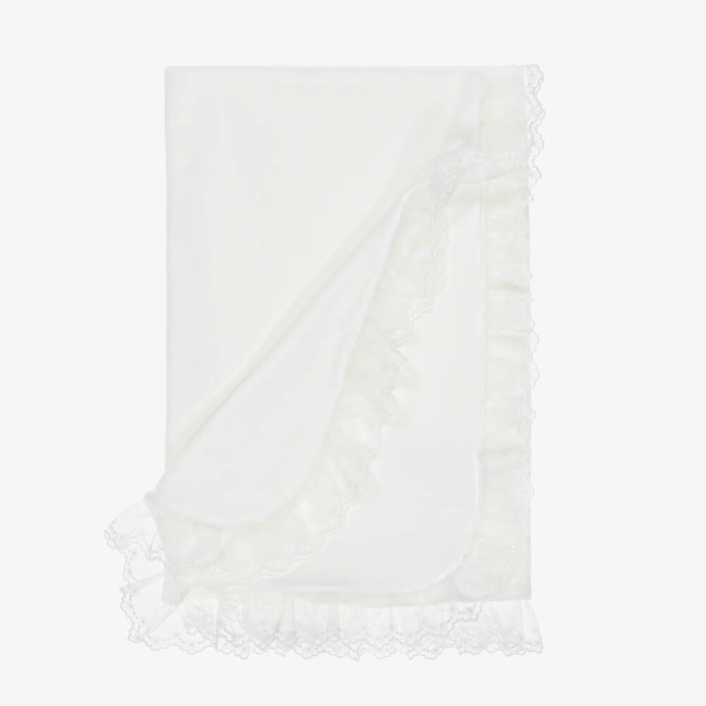Jamiks-Ivory Velour Baby Blanket with Lace Trim (85cm) | Childrensalon