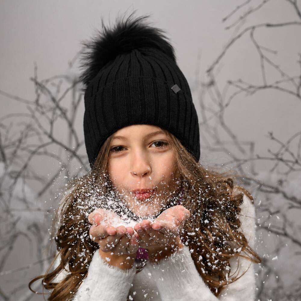 Jamiks-Knitted Pom-Pom Beanie Hat in Black | Childrensalon