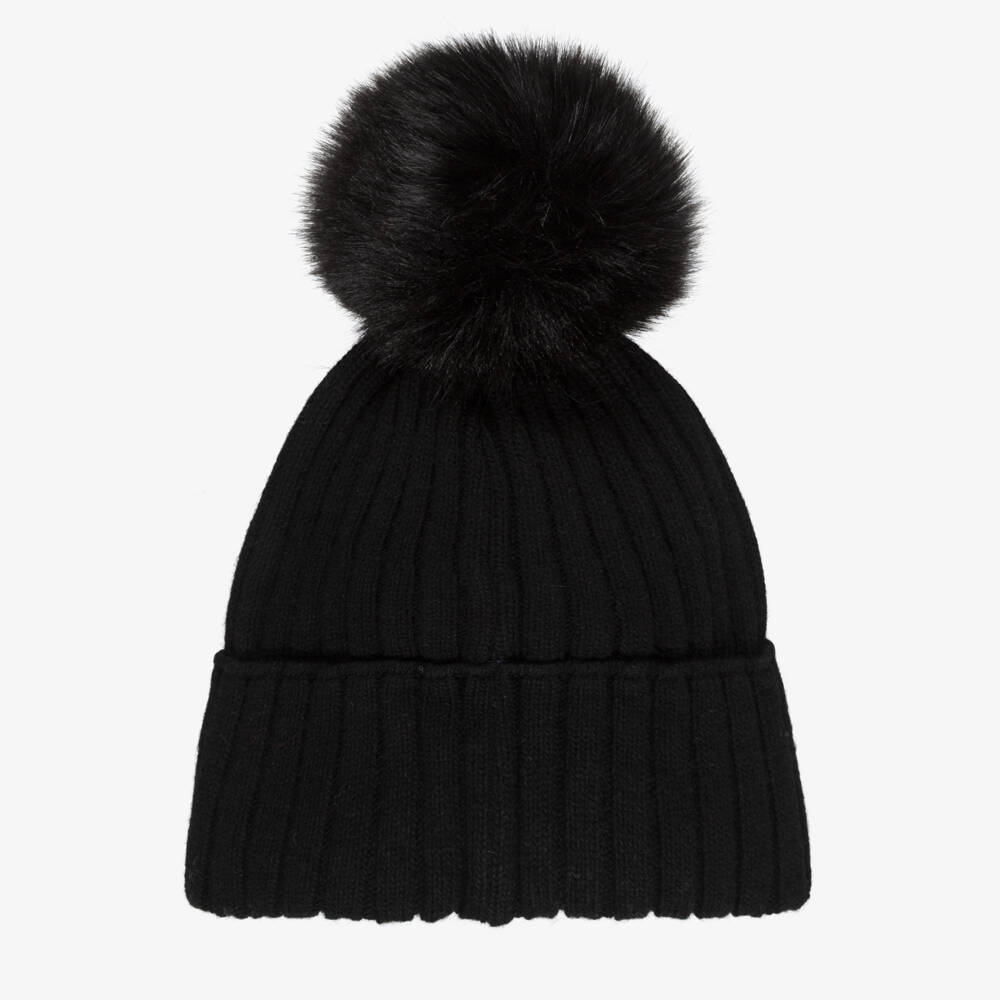 Jamiks-Knitted Pom-Pom Beanie Hat in Black | Childrensalon