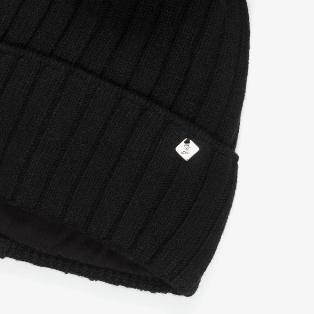 Jamiks-Knitted Pom-Pom Beanie Hat in Black | Childrensalon