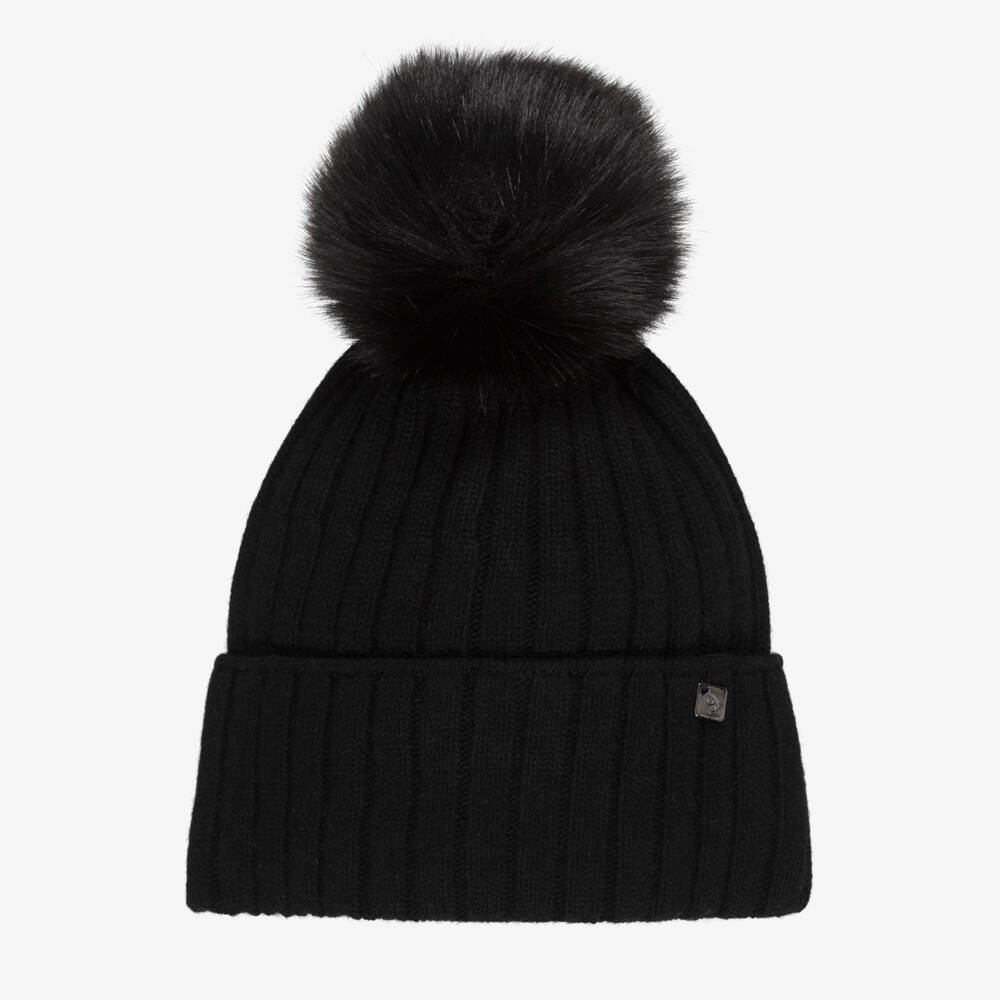 Jamiks-Knitted Pom-Pom Beanie Hat in Black | Childrensalon